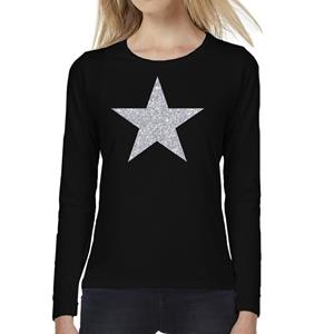 Bellatio Ster van zilver glitter t-shirt long sleeve zwart voor dames- Zwart