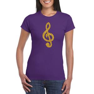 Bellatio Gouden muzieknoot G-sleutel / muziek feest t-shirt / kleding - Paars