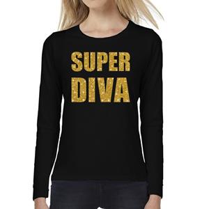 Bellatio Super DIVA goud glitter tekst t-shirt long sleeve zwart voor dames- Zwart