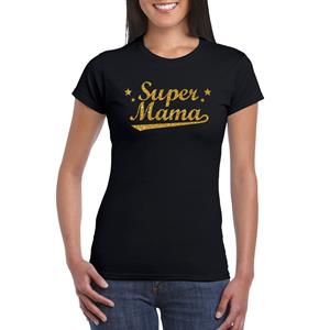 Bellatio Super mama cadeau t-shirt met gouden glitters op Zwart
