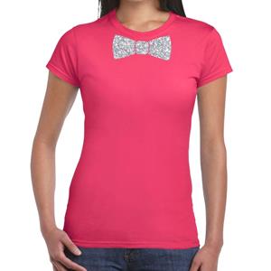 Bellatio Roze fun t-shirt met vlinderdas in glitter zilver dames - shirt met strikje