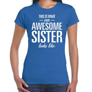 Bellatio Awesome sister tekst t-shirt blauw dames - dames fun tekst shirt Blauw