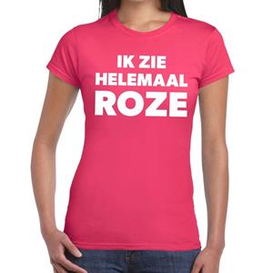 Bellatio Ik zie helemaal roze tekst t-shirt dames - fun tekst shirt Roze