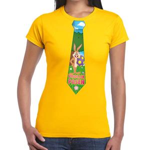 Bellatio Geel Paas t-shirt met paashaas stropdas - Pasen shirt voor dames - Pasen kleding
