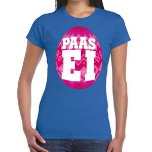 Bellatio Blauw Paas t-shirt met roze paasei - Pasen shirt voor dames - Pasen kleding