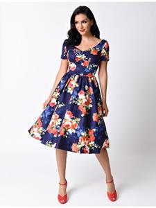 Rockabilly Clothing Floral Navy Blue Dress