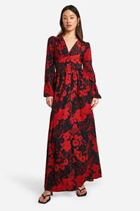 Boohoo Tall Floral Print Button Through Plunge Maxi, Navy