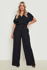 Boohoo Plus Plisse Toelopende Jumpsuit Met Ceintuur, Black