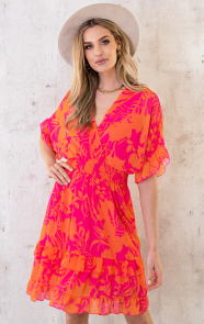 The Musthaves Ruffle Laagjes Jurk Print Fuchsia Oranje
