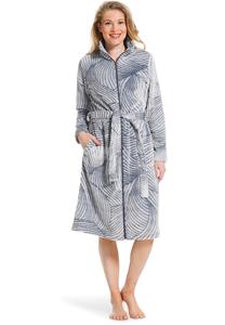 Grijze fleece damesbadjas rits - bladmotief