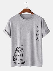 ChArmkpR Mens Cute Japanese Cat Print Crew Neck Short Sleeve T-Shirts