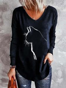 Newchic Women Cat Print V-Neck Casual Long Sleeve T-Shirt