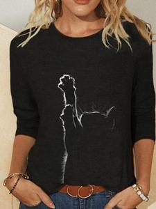 Newchic Women Cute Cat Graphic Crew Neck Long Sleeve T-Shirt