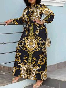 VONDA Plus Size Women Vintage Baroque Print Long Sleeve Maxi Dress