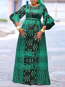 VONDA Plus Size Women Allover Print Crew Neck Bell Sleeve Maxi Dress