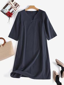 Women Solid Notched Neck Cotton 3/4 Sleeve Dress