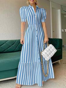 VONDA Women Striped Lapel Tiered Design Puff Sleeve Maxi Dress