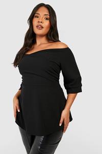 Boohoo Plus Scuba Off Shoulder Peplum Top, Black