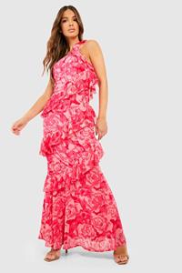 Boohoo Chiffon Maxi Jurk Met Print En Eén Open Schouder, Pink