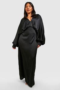 Boohoo Plus Satijnen Maxi Jurk Met Laag Decolleté En Shirtmouwen, Black