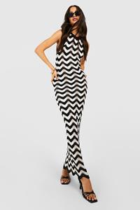 Boohoo Gehaakte Zig Zag Print Maxi Jurk, Black