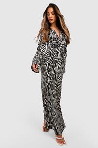 Boohoo Zebraprint Cut Out Maxi Jurk Met Strik, Black