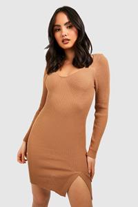 Boohoo Geribbelde Gebreide Mini Jurk, Camel