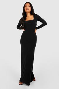 Boohoo Petite Strakke Maxi Jurk Met Lange Mouwen En Vierkante Hals, Black