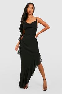 Boohoo Petite Asymmetrische Midaxi Jurk Met Ruches, Black