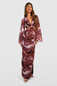 Boohoo Maxi Jurk Met O-Ring, Print En Wijde Mouwen, Maroon