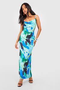 Boohoo Petite Maxi Jurk Met Abstracte Print En Waterval Hals, Blue