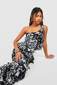 Boohoo Chiffon Maxi Jurk Met Print En Eén Blote Schouder, Black