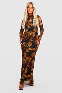 Boohoo Plus Mesh Bloemen Maxi Jurk Met Laag Uitgesneden Rug, Black