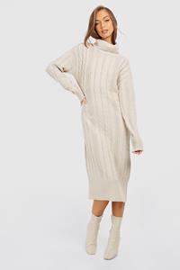 Boohoo Grof Gebreide Midi Jurk Met Col, Stone