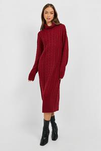 Boohoo Grof Gebreide Midi Jurk Met Col, Dark Red