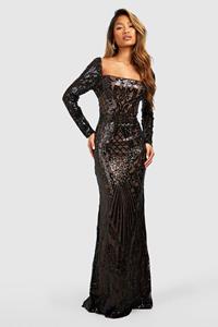 Boohoo Damast Fishtail Maxi Jurk Met Pailletten, Black