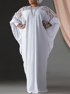 VONDA Plus Size Women Lace Patchwork Crew Neck Long Sleeve Maxi Dress