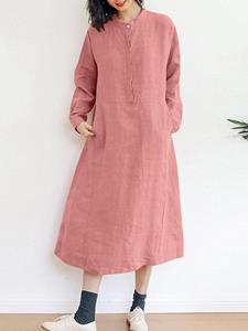 Women Plain Half Button Cotton Casual Long Sleeve Dress