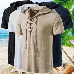 Super maller Zomer Katoen en Linnen Beach T-shirt Heren Losse Half Cardigan T-shirt Fashion Hooded Vakantie T-shirt