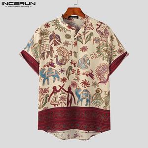 INCERUN Men's Vintage Ethnic Print Short Sleeve Henley Shirts Tops