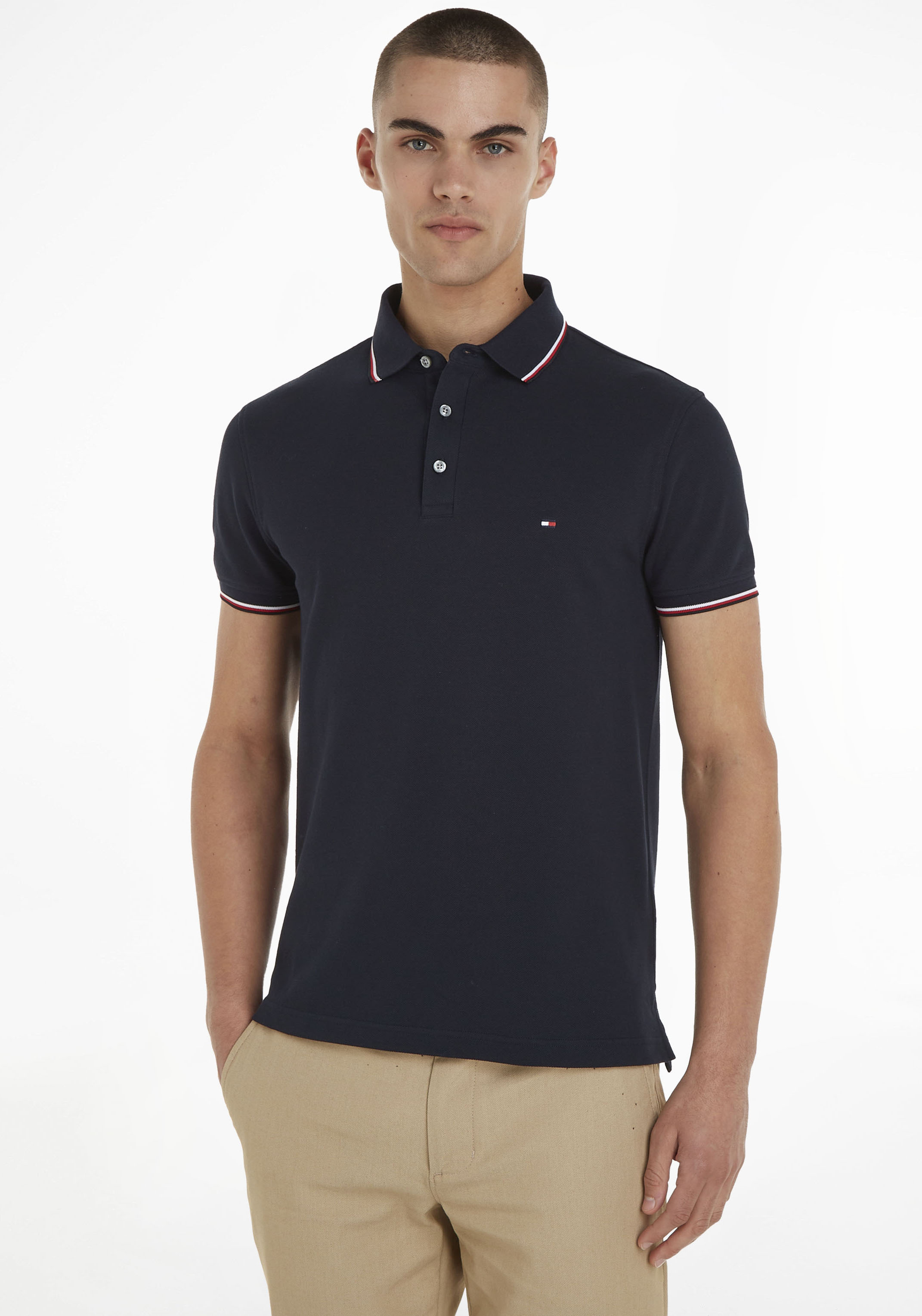 Tommy Hilfiger Poloshirt "1985 RWB TIPPED SLIM POLO", mit TH-Farben an Ärmel und Kragen