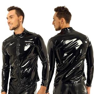 IEFiEL Men Shiny Metallic Long Sleeve Front-Zip Stand Collar Tops Wet Look Patent Leather Nightclub Style T-shirt Top Coat