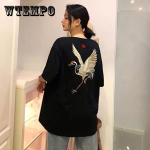 WTEMPO Chinese Style Crane Embroidery Round Neck T-shirt Loose Breathable Casual Short Sleeves Hipster  Summer Tops