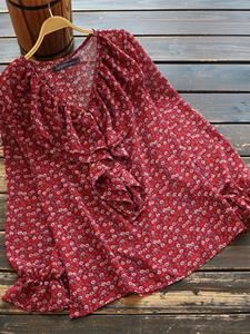 ZANZEA Women Ditsy Floral Print V-Neck Ruffle Trim Long Sleeve Blouse