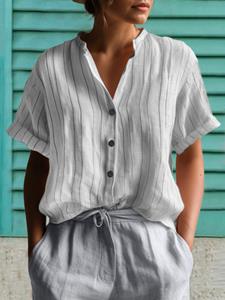 ZANZEA Women Striped Stand Collar Button Front Short Sleeve Shirt