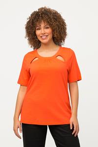 Ulla Popken Rundhalsshirt T-Shirt Cut-Outs Kräuselung Slim Rundhals Halbarm