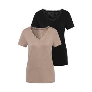 Lascana T-shirt met fijne kant bij de hals (set, 2-delig)