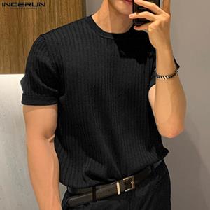 INCERUN Summer Men Solid Color Formal Short Sleeve T Shirts Slim Fit Tee Tops