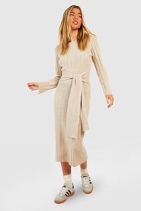 Boohoo Geribbelde Zachte Gebreide Trui Jurk Met Ceintuur, Camel