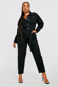 Boohoo Plus Toelopende Cargo Denim Overall Met Ceintuur, Black